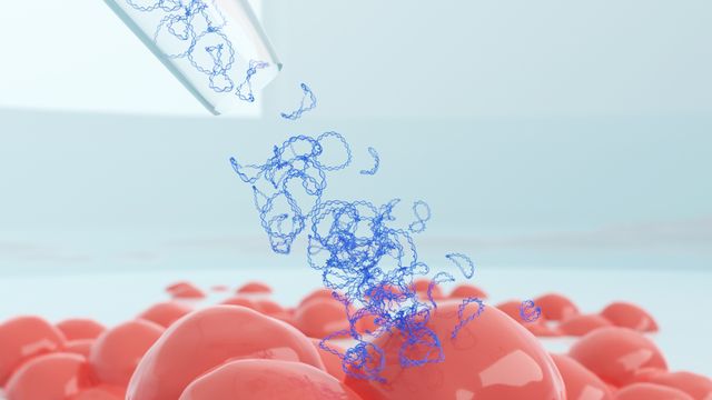 Illustration of plasmid DNA being dispensed from a pipette tip onto a cell culture for transfection. 