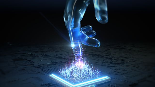 An image of a simulated hand touching data, a visual depiction of artificial intelligence.  