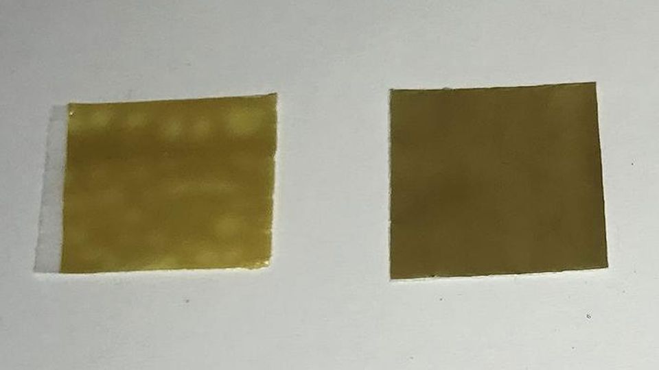 Two squares of biofilm material.