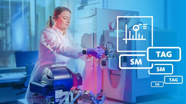 A woman in lab coat and gloves using a mass spectrometer with an overlaid illustration. 