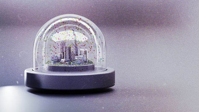 A snow globe showing a city surrounded by microplastics.  