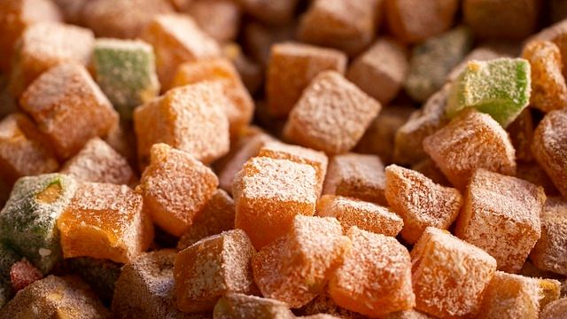 Cubes of Turkish delight dusted in powdered sugar. 