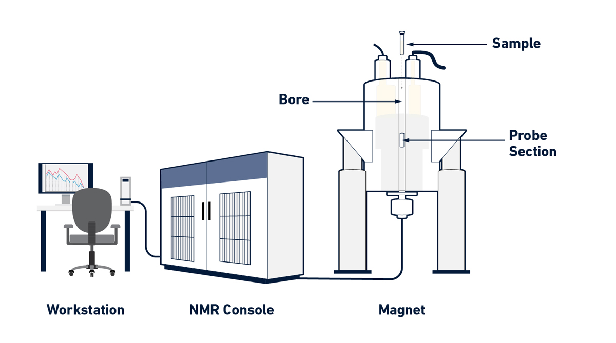 General design of an NMR spectrometer with its principal components - workstation, NMR console, magnet and probe section.