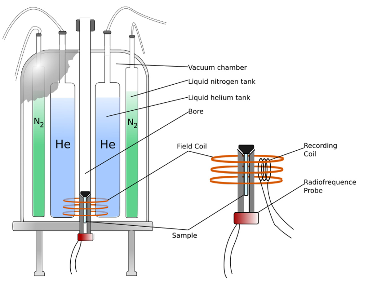 Internal components of an NMR spectrometer, including a detailed view of the probe. The location of the probe and sample can be seen in relation to the cooling outer liquid helium and nitrogen coats.