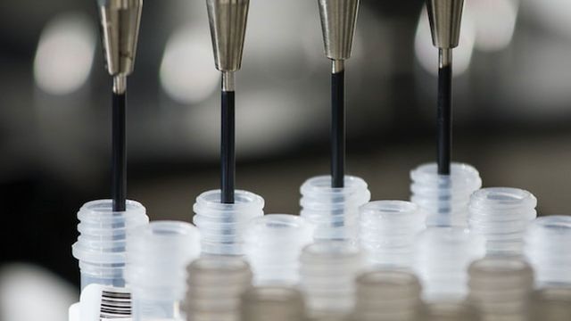 A machine dispenses liquid into test tubes. 