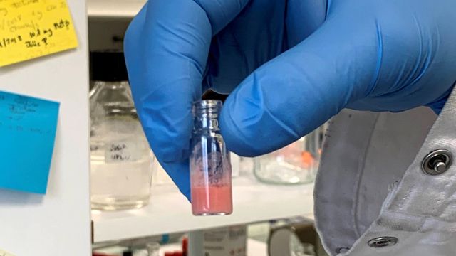 A gloved hand holding up a small transparent vile containing pink liquid with a laboratory shelf in the background. 