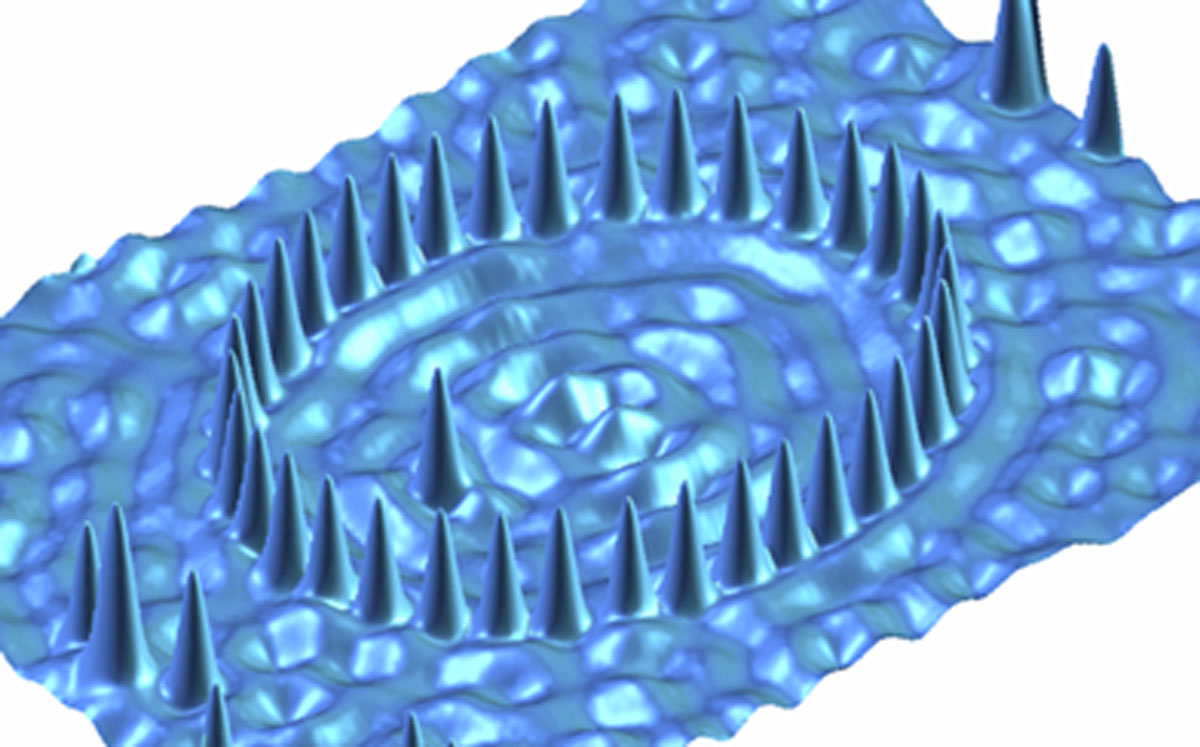 STM image of a quantum corral of cobalt atoms in an ellipse on copper, also assembled using an STM. Wave-like features emerge in the STM image due to the confinement of electrons in the corral. 