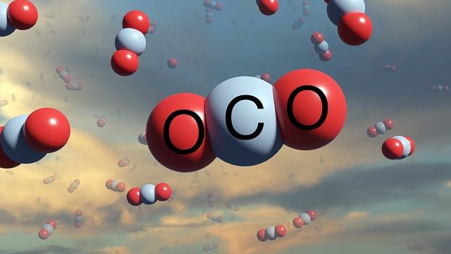 Trios of red and white balls representing carbon dioxide molecules floating around in the air. 