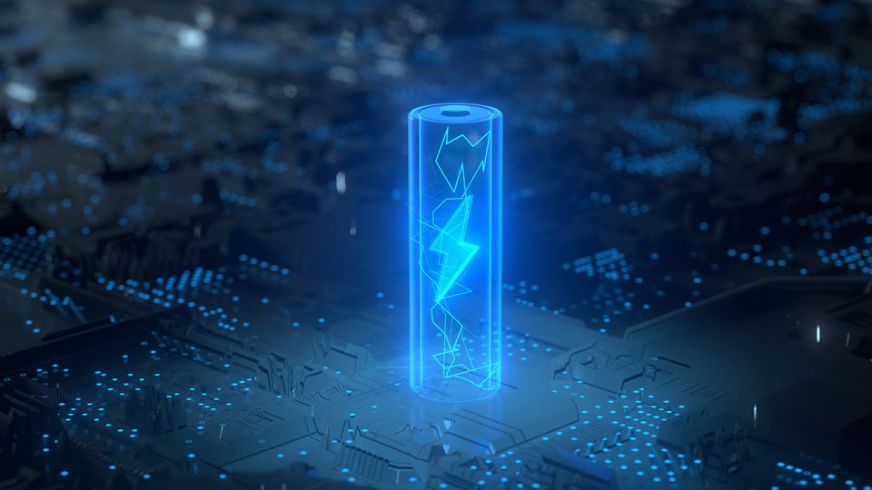 An abstract illustration of a glowing battery with "electricity" inside against a microchip background.